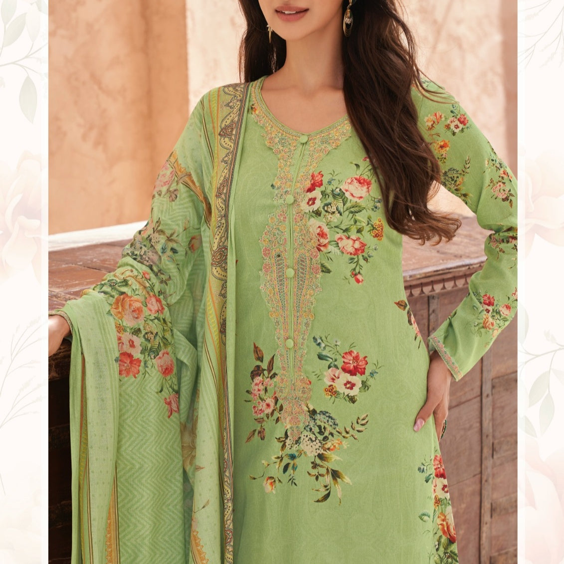 AMALEH LAWN NECK EMBROIDERY GREEN SUIT