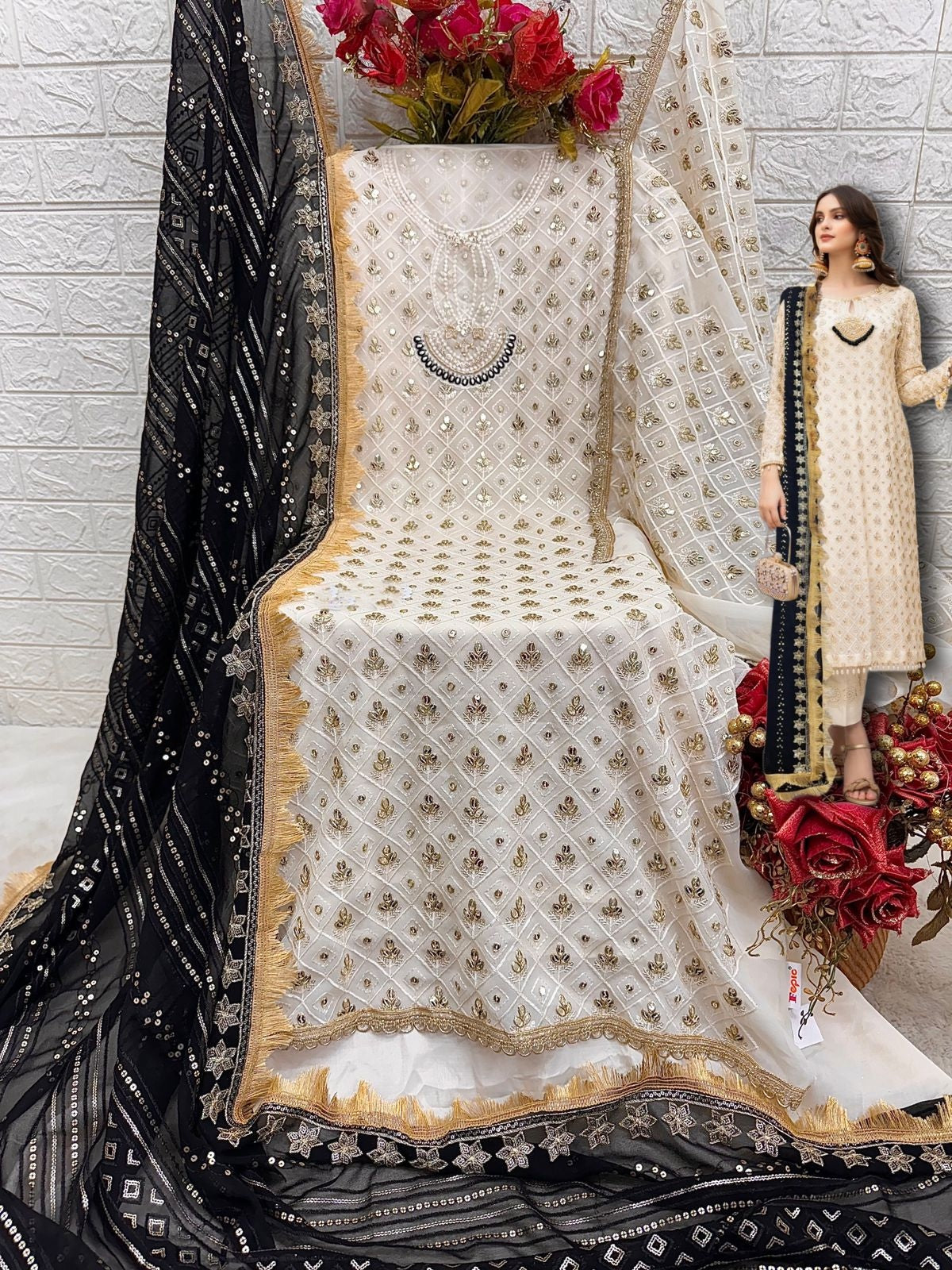 OFF WHITE AND BLACK GEORGETTE EMBROIDERY SUIT F 1800