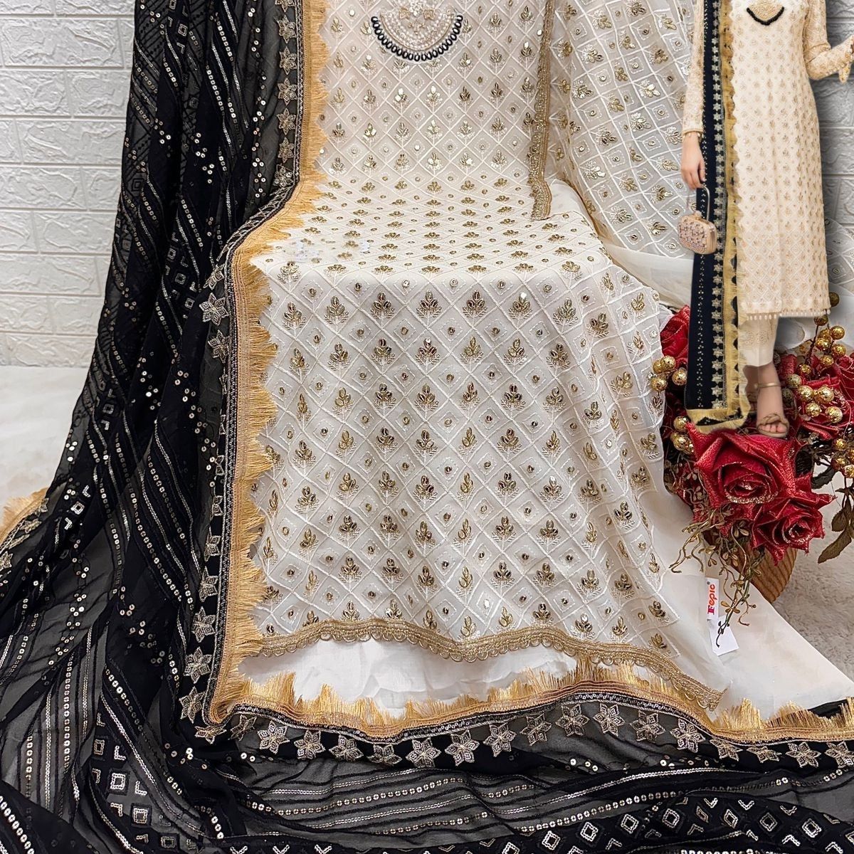 OFF WHITE AND BLACK GEORGETTE EMBROIDERY SUIT F 1800