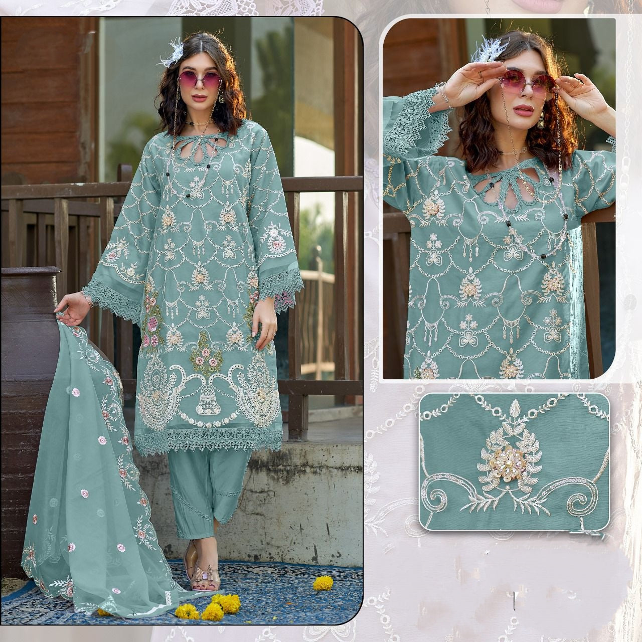 SEA GREEN ORGANZA SUIT F 1794 – Alranafashion