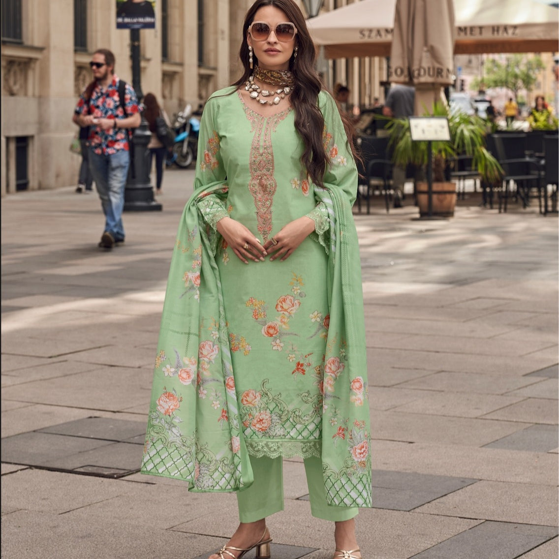 GREEN AAYKA COTTON EMBROIDERY SUIT