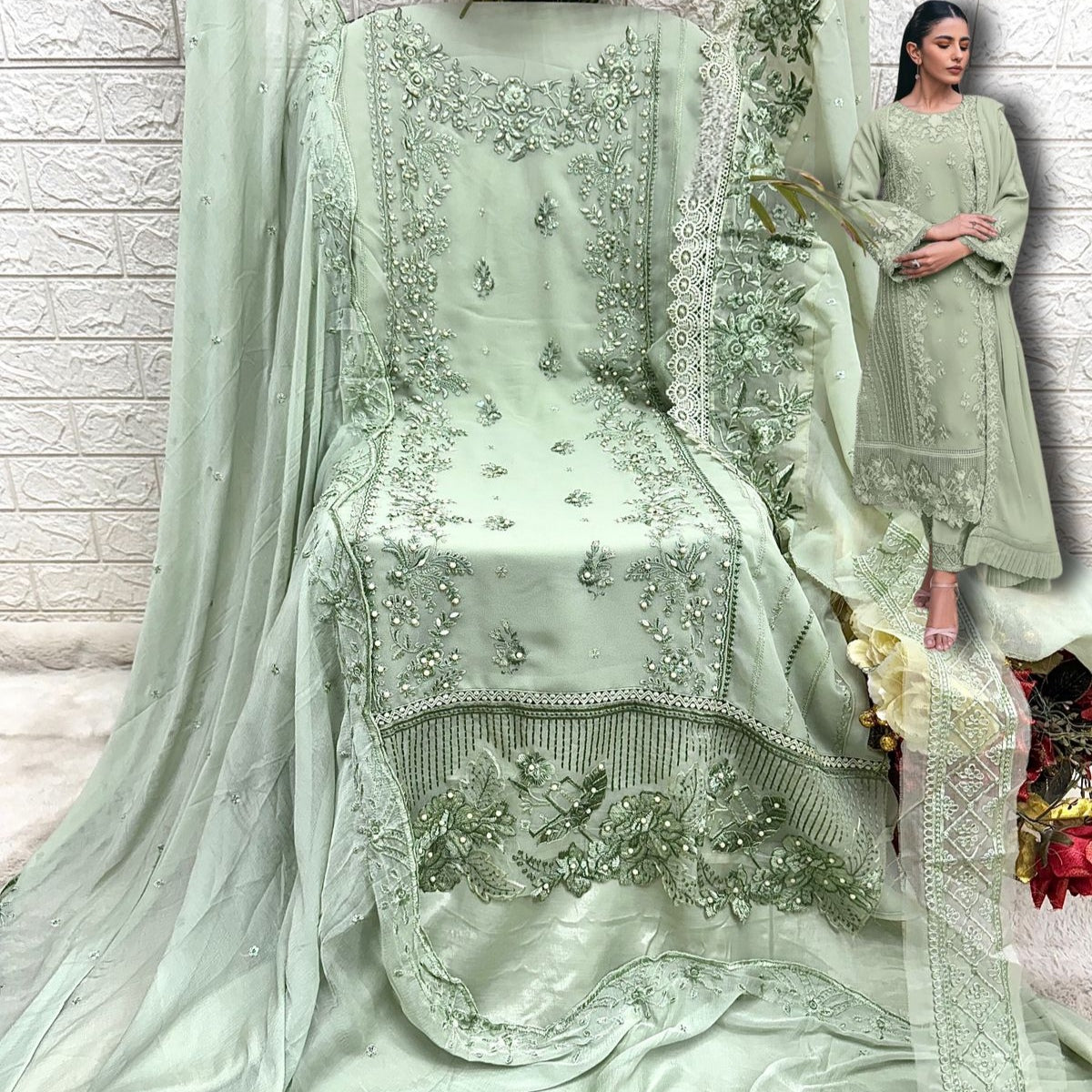 GREEN GEORGETTE EMBROIDERY SUIT 1820