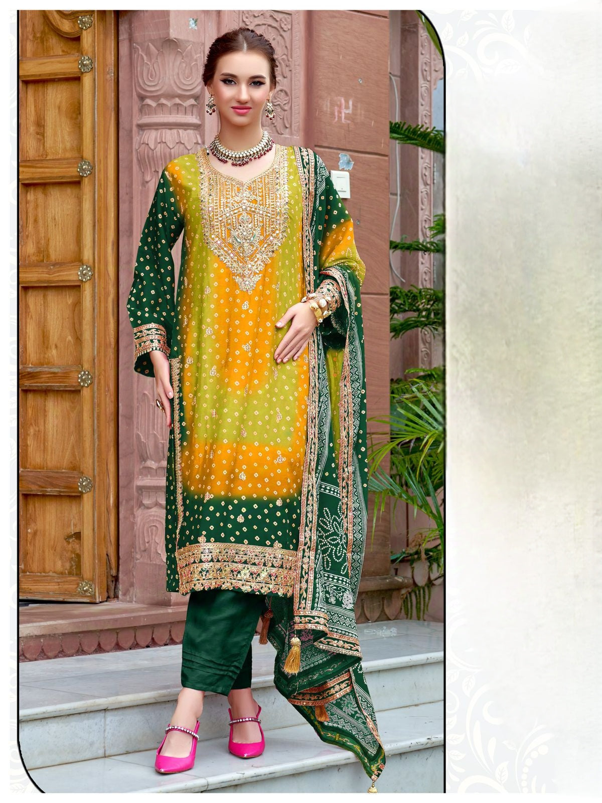 GREEN SHADED CHINNON SILK READYMADE SUIT 976