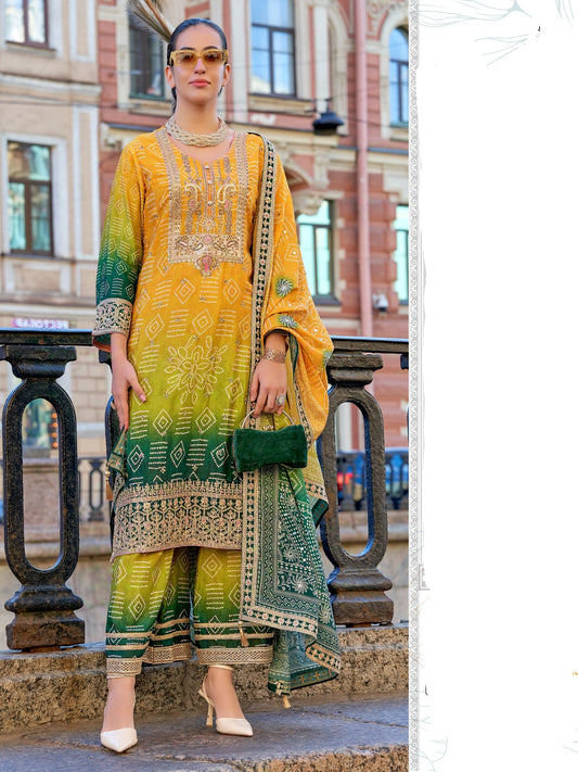 GREEN SHADED CHINNON SILK READYMADE SUIT