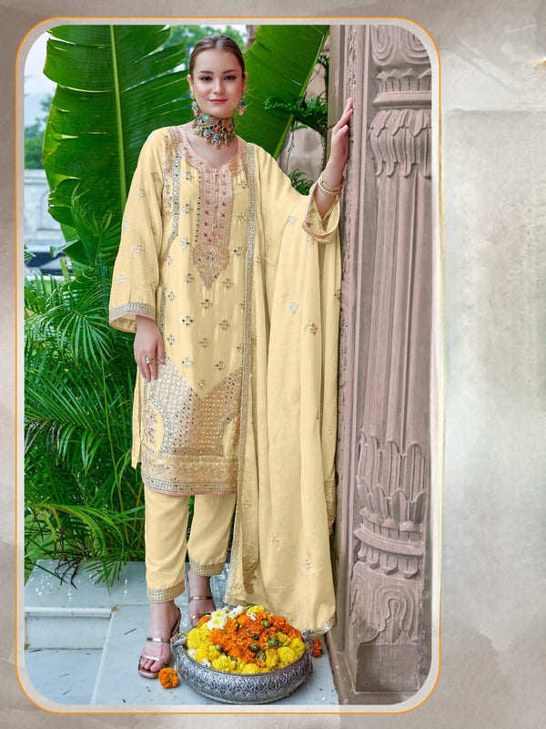 YELLOW CHINNON EMBROIDERY SUIT 1848 Q