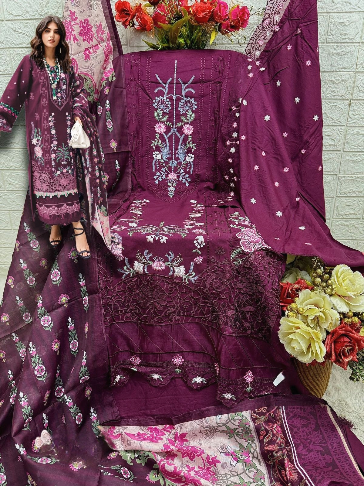 MAROON  RAYON EMBROIDERY SUIT 1373