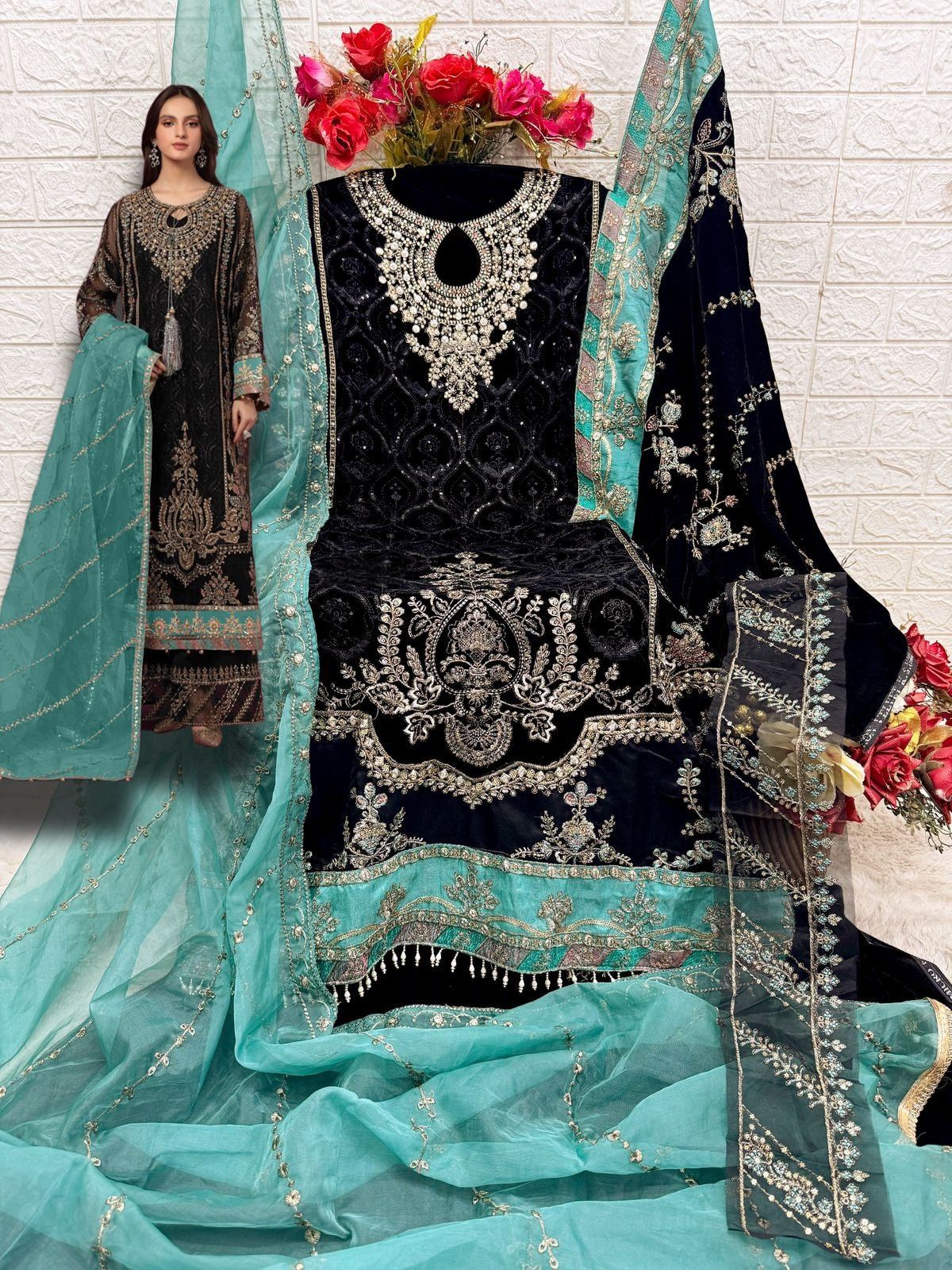 BLACK VELVET EMBROIDERY SUIT 17038