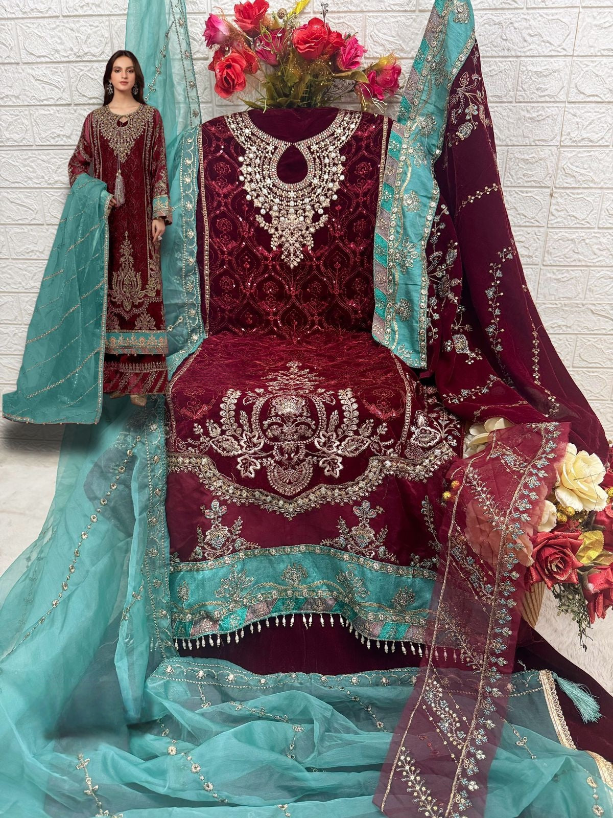 MAROON VELVET EMBROIDERY SUIT 17038