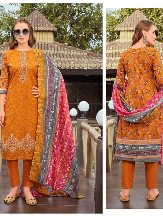 MUSTARD LAWN COTTON EMBROIDERY SUIT