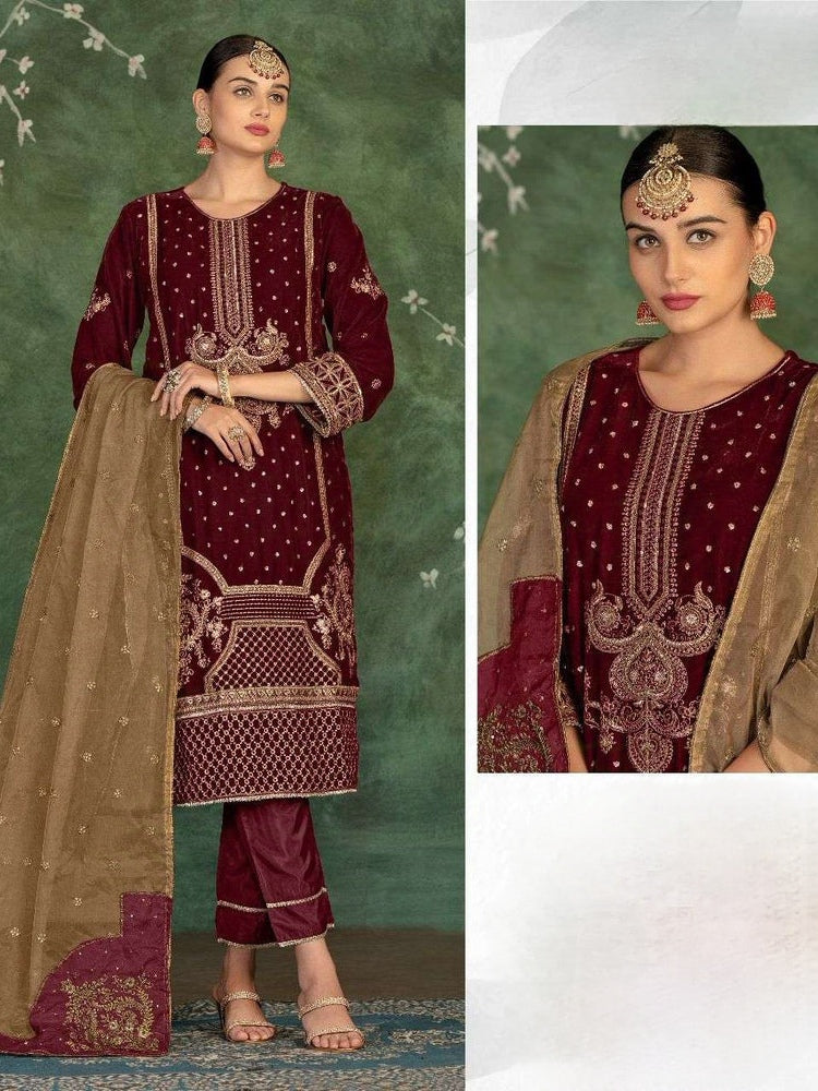 MAROON VELVET EMBROIDERY SUIT 17031