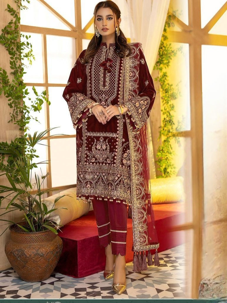 MAROON VELVET EMBROIDERY SUIT F 17011