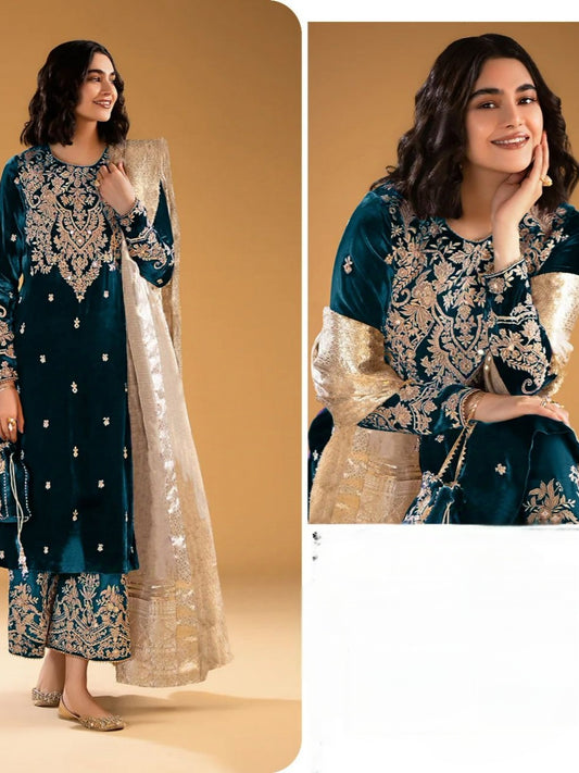 BLUE VELVET EMBROIDERY SUIT 17027