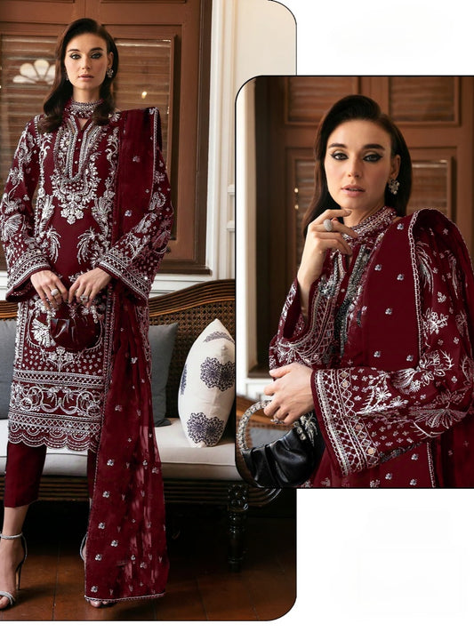 MAROON VELVET EMBROIDERY SUIT 17039