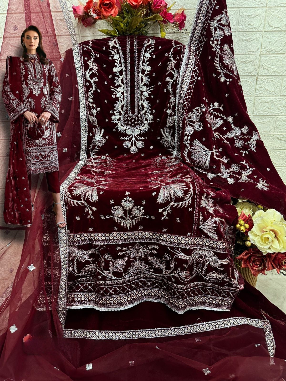 MAROON VELVET EMBROIDERY SUIT 17039