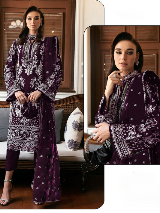 WINE VELVET EMBROIDERY SUIT 17039