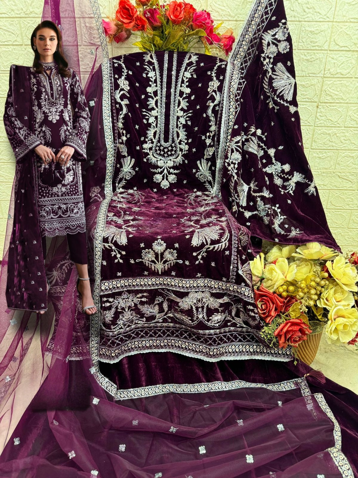 WINE VELVET EMBROIDERY SUIT 17039