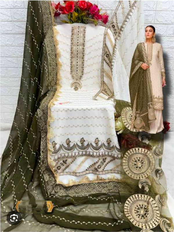 OFF WHITE AND GREEN GEORGETTE EMBROIDERY SUIT 1895 Q