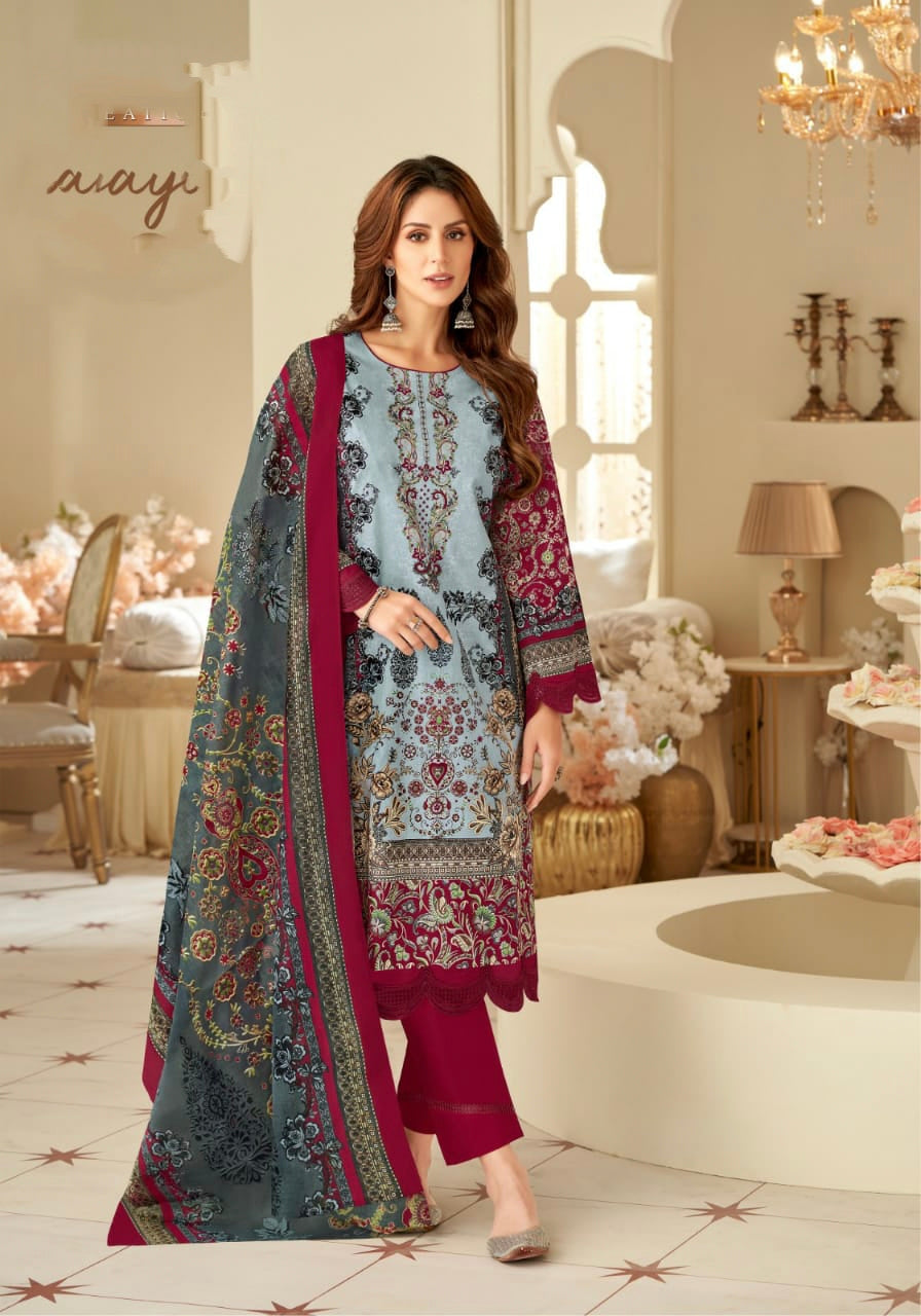 SKY BLUE AND RED INAYA PURE COTTON PRINTED SUIT