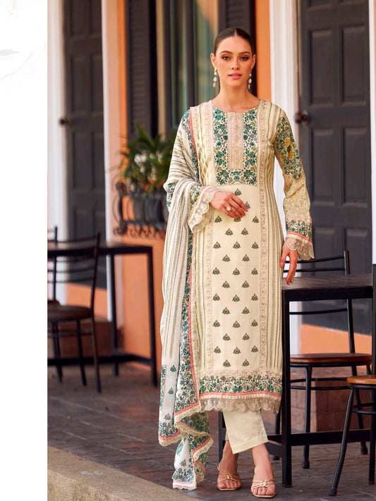 WHITE BAGH COTTON SATIN EMBROIDERY SUIT