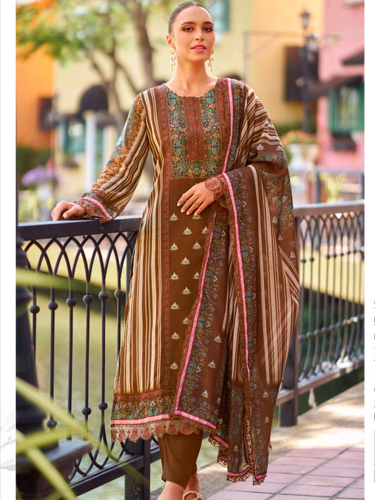 BROWN BAGH COTTON SATIN EMBROIDERY SUIT