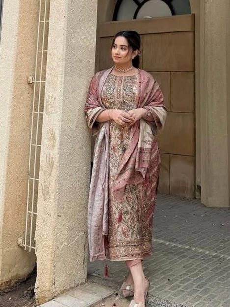 PEACH MUSLIN READYMADE EMBROIDERY SUIT