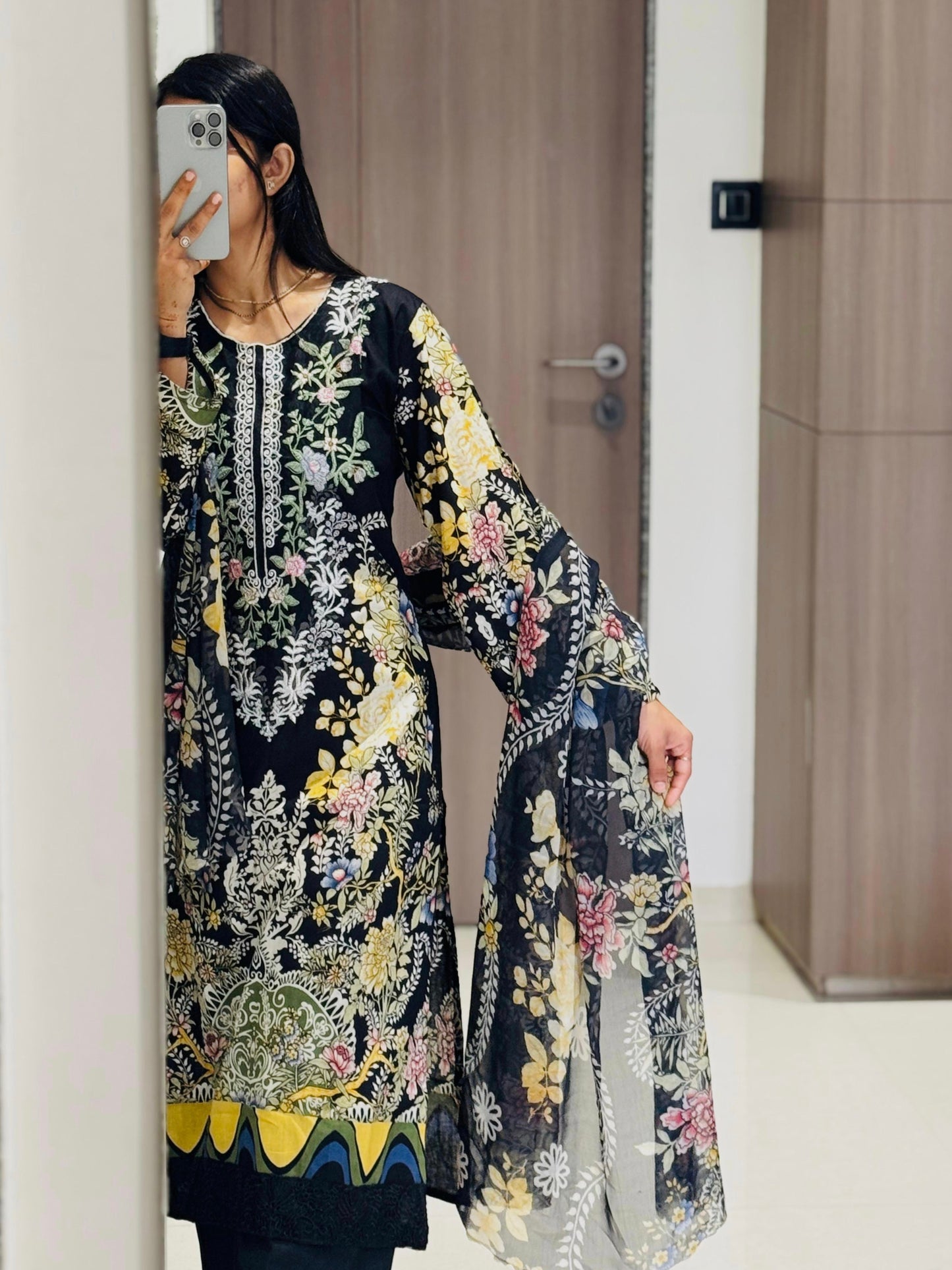 BLACK COTTON PATCH SUIT 3763