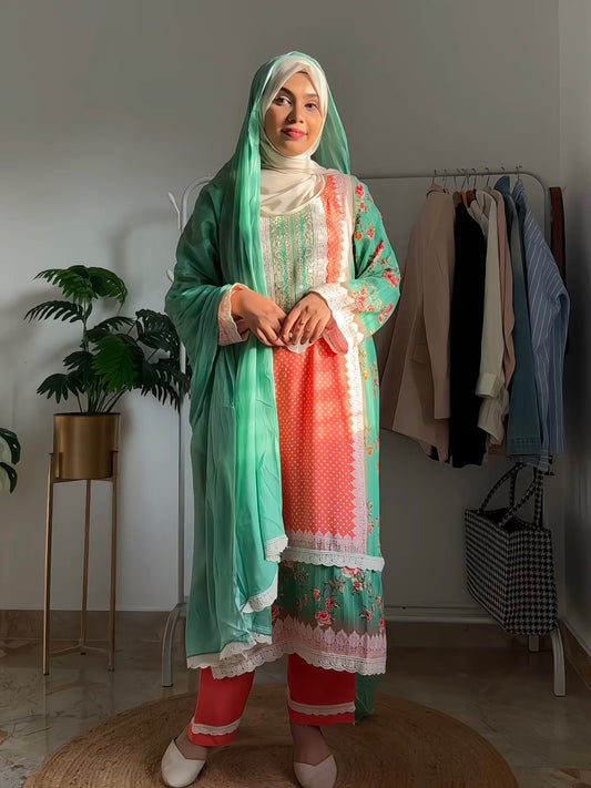 GREEN MUGHAL COTTON READYMADE SUIT