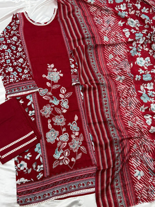 RED CASHMERE LAWN READYMADE SUIT 2 Q
