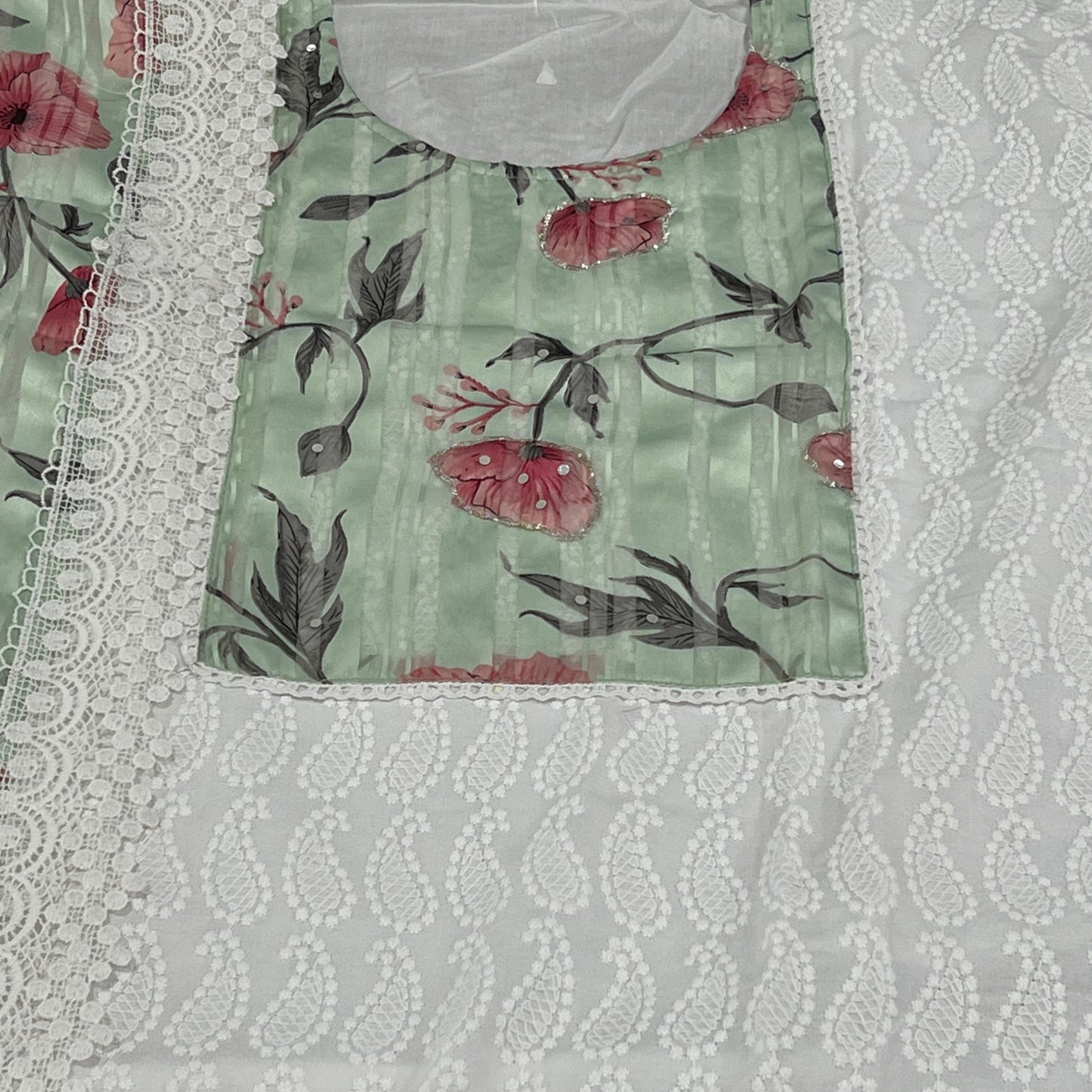 GREEN AND WHITE PURE RAYON EMBROIDERY