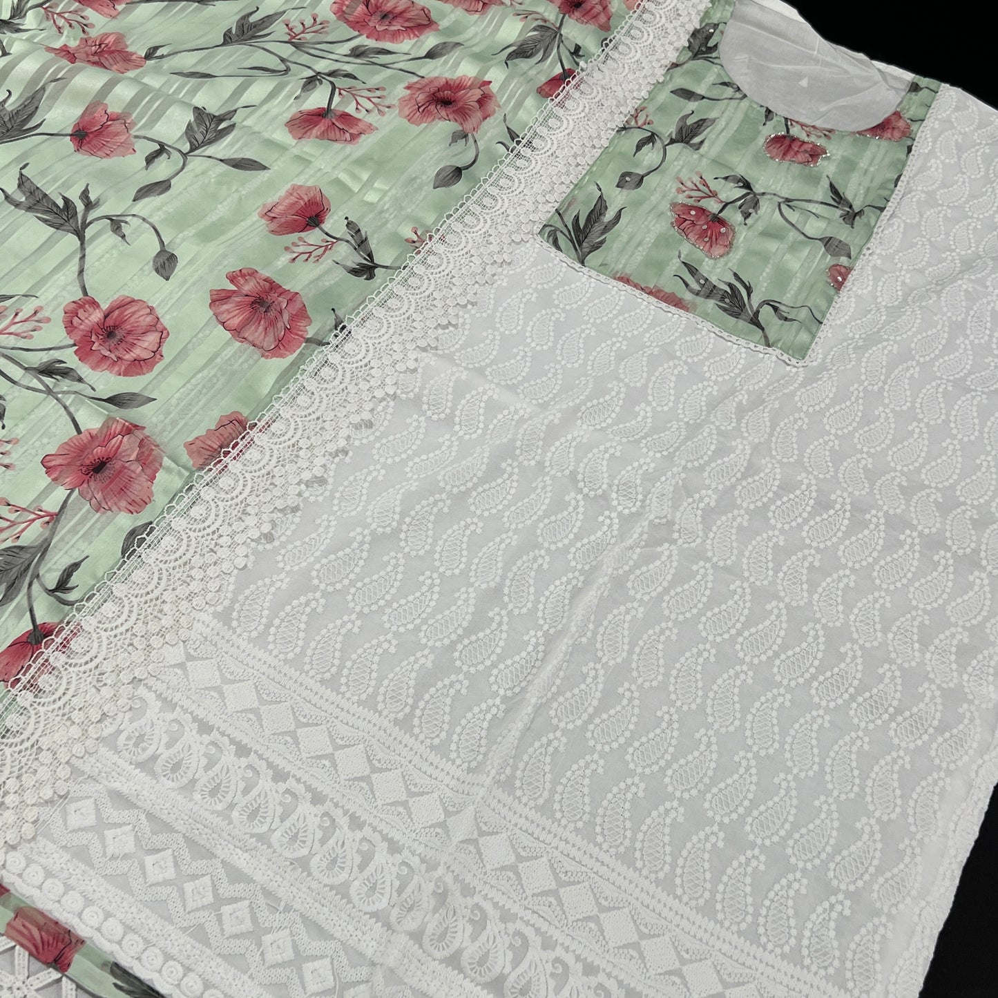 GREEN AND WHITE PURE RAYON EMBROIDERY