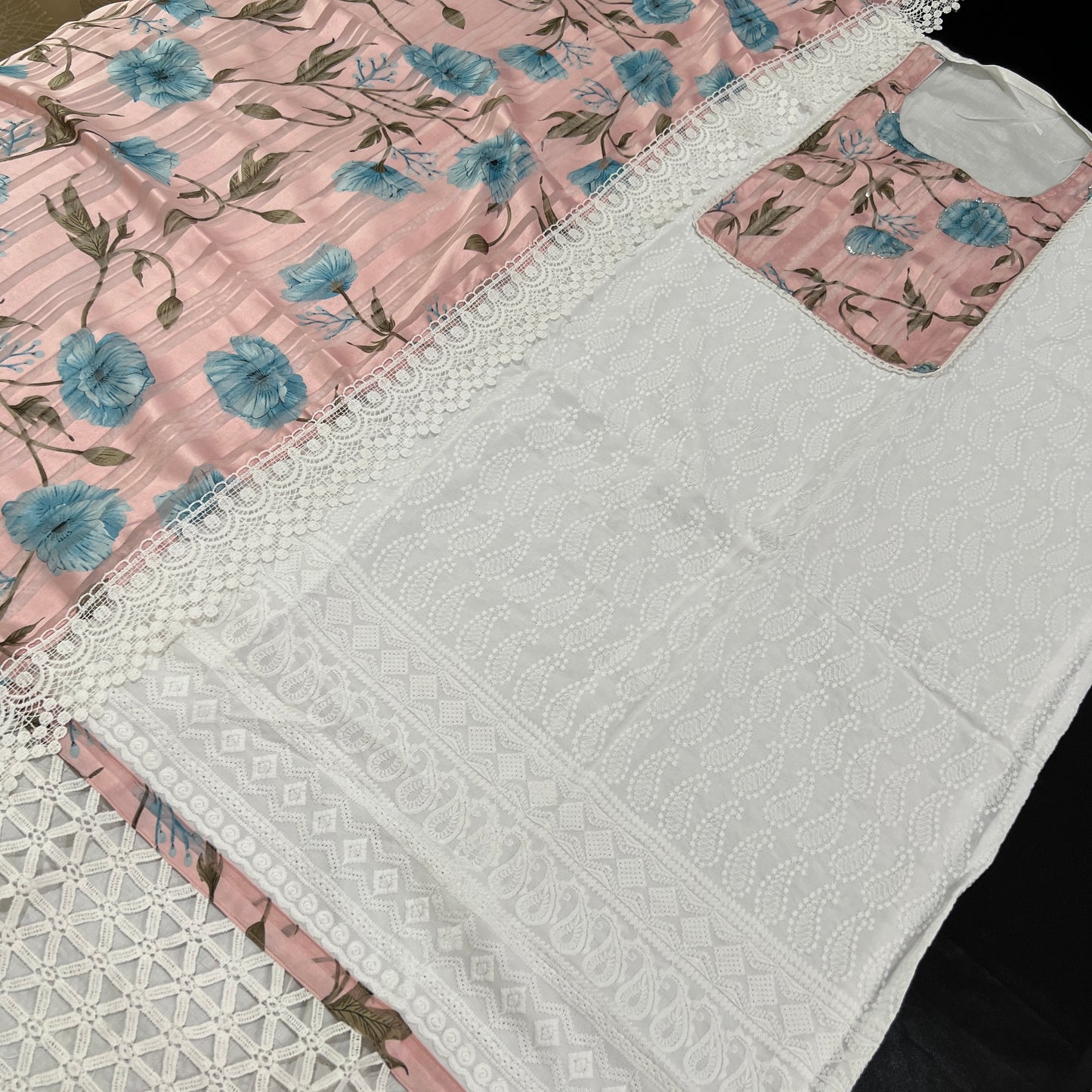 PINK AND WHITE PURE RAYON EMBROIDERY