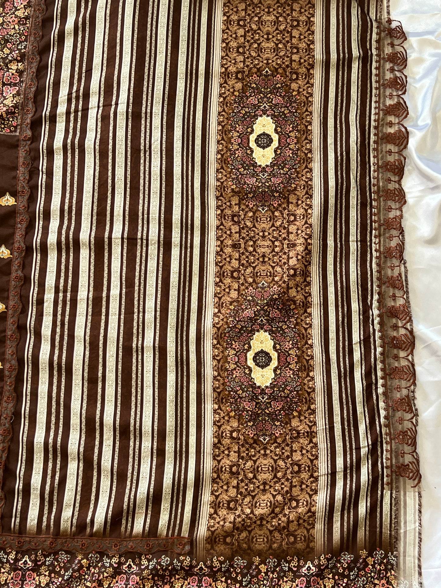 BROWN BAGH COTTON SATIN EMBROIDERY SUIT