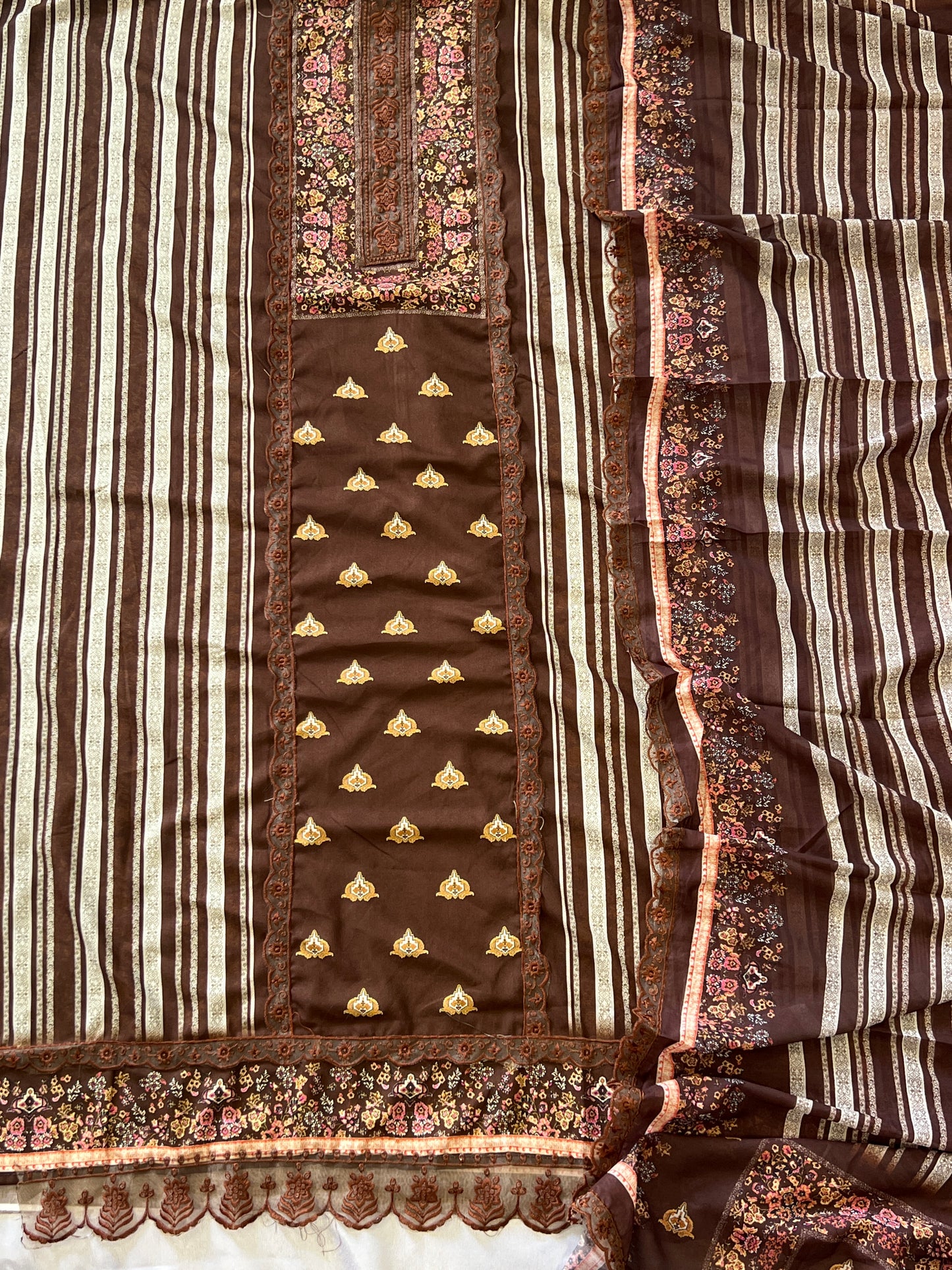 BROWN BAGH COTTON SATIN EMBROIDERY SUIT