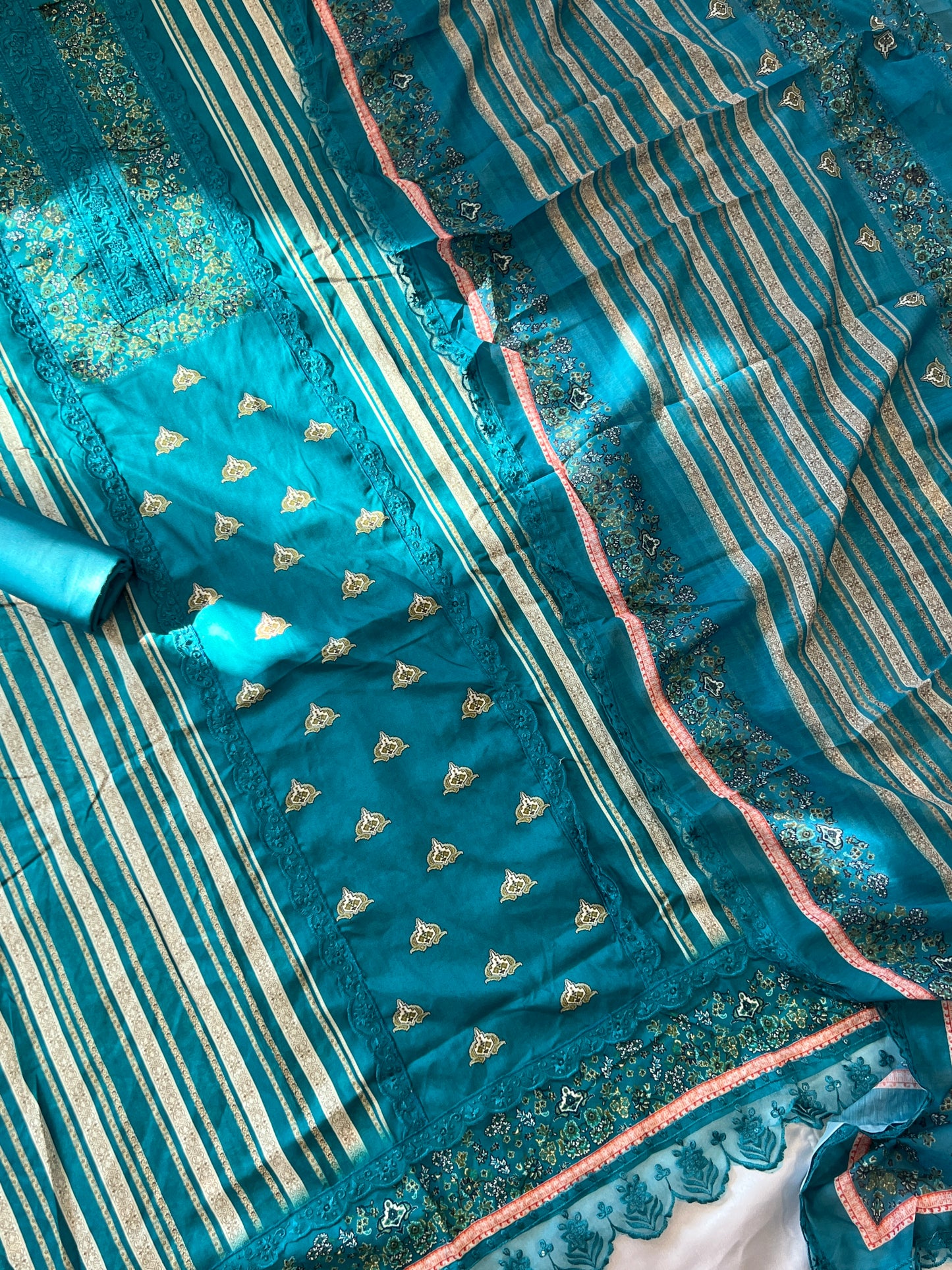 PEACOCK BLUE BAGH COTTON SATIN EMBROIDERY SUIT