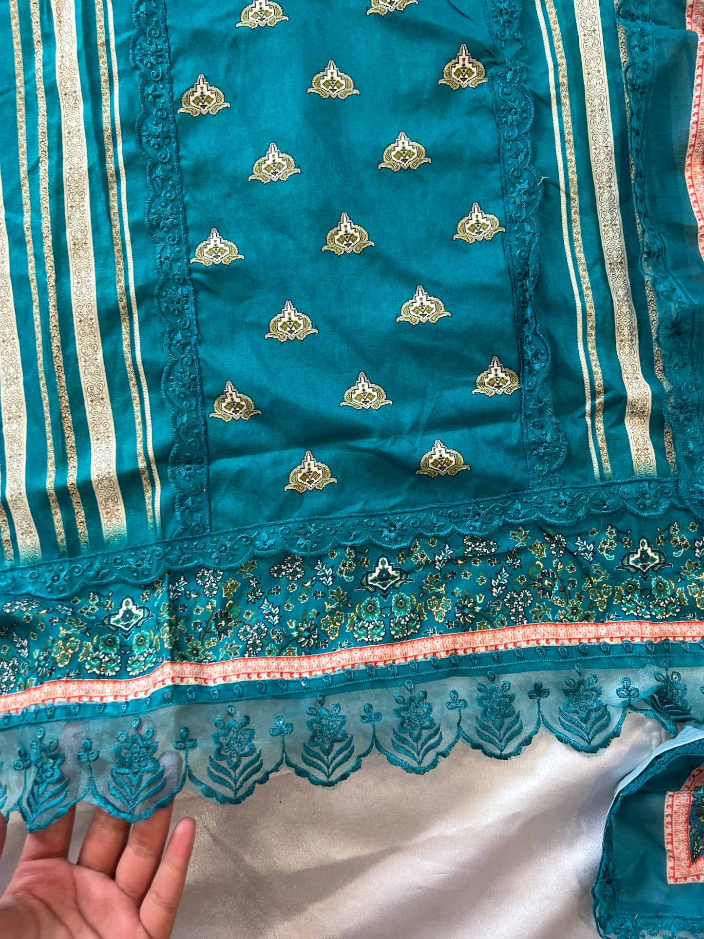 PEACOCK BLUE BAGH COTTON SATIN EMBROIDERY SUIT