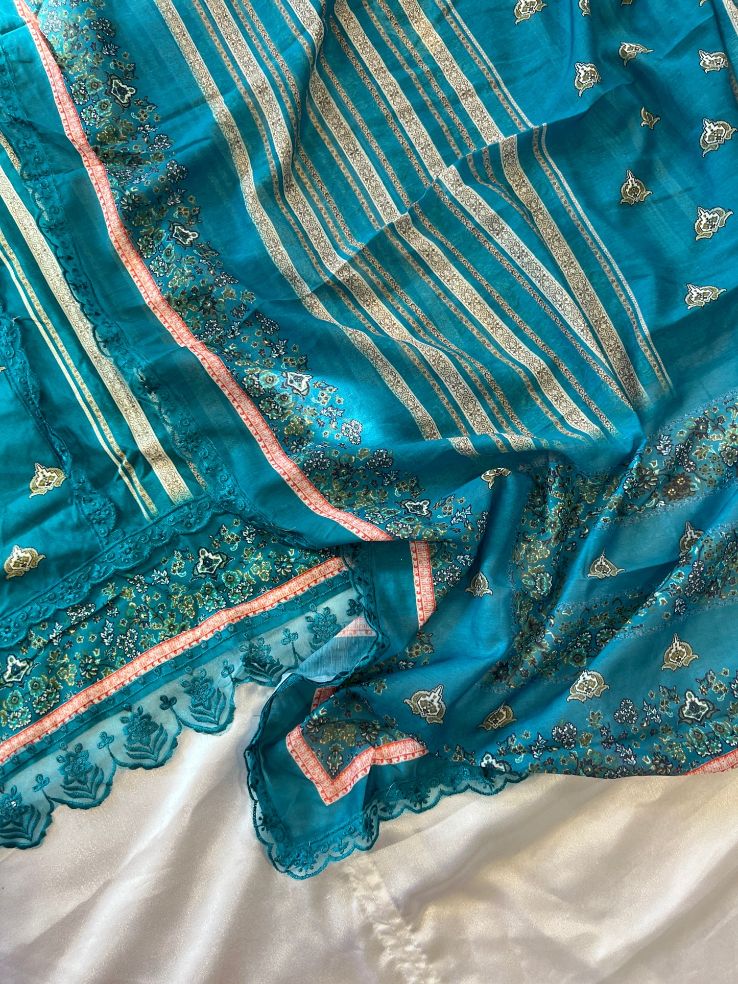 PEACOCK BLUE BAGH COTTON SATIN EMBROIDERY SUIT