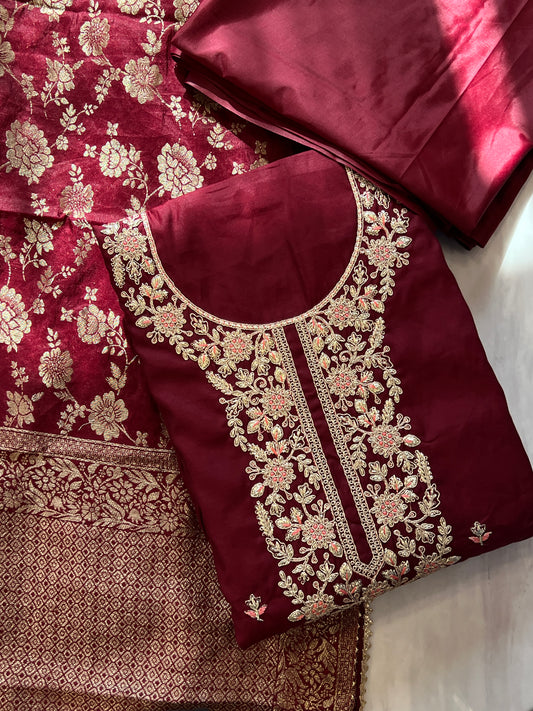 MAROON ROMAN  SILK EMBROIDERY SUIT