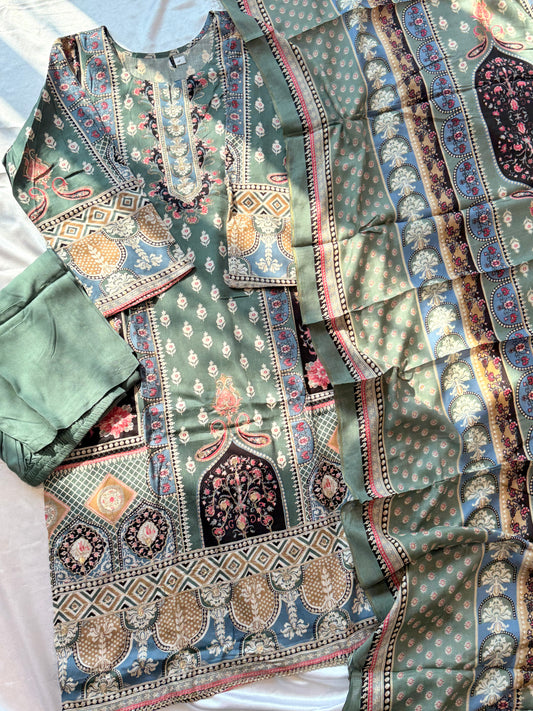 JHILMIL MUSLIN READYMADE GREEN SUIT 10 Q