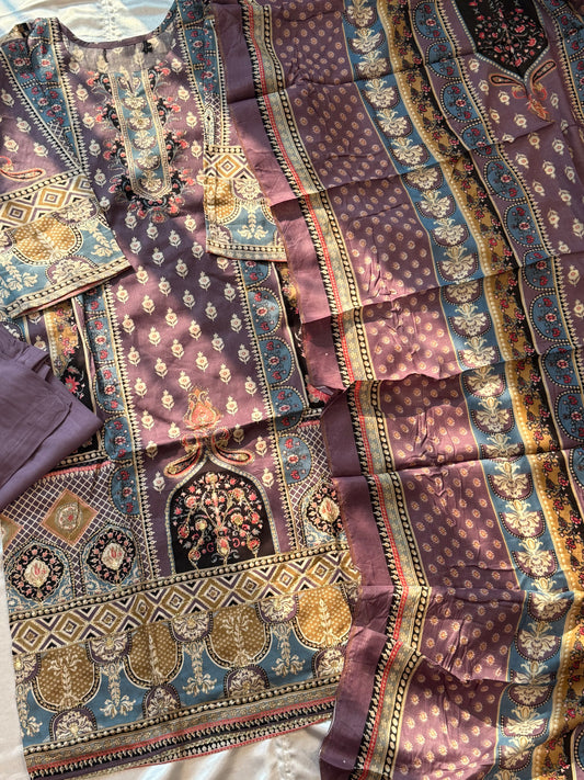 JHILMIL MUSLIN READYMADE PURPLE SUIT 9 Q