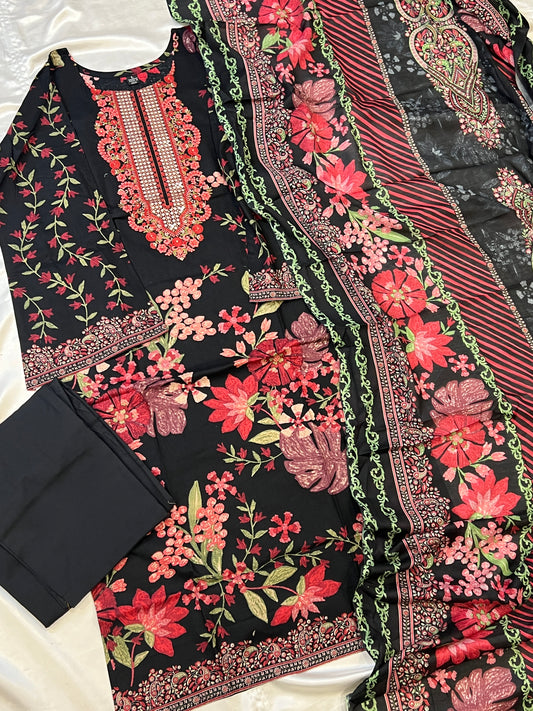 CASMERE BLACK COTTON EMBROIDERY READYMADE SUIT Q1