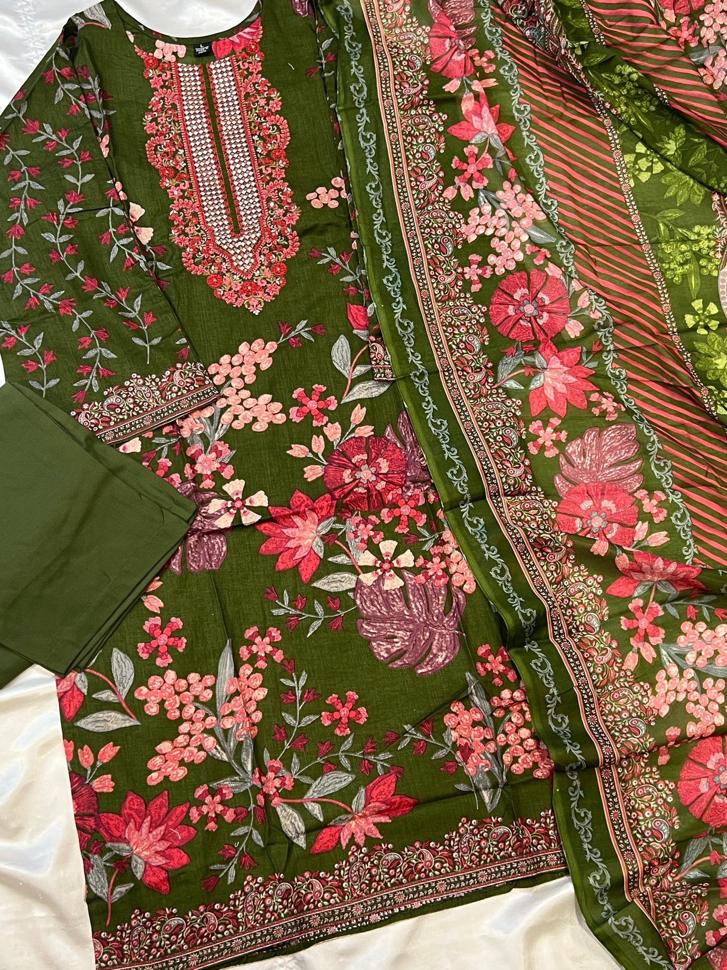 CASMERE MEHENDI COTTON EMBROIDERY READYMADE SUIT 3 Q