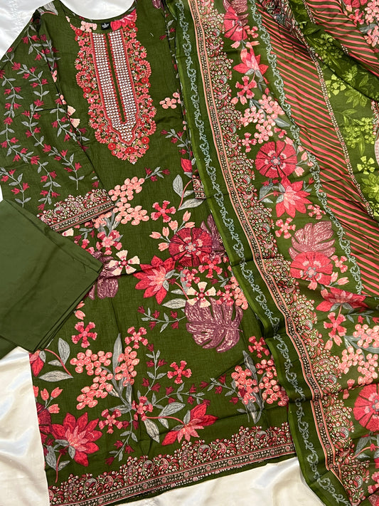 CASMERE MEHENDI COTTON EMBROIDERY READYMADE SUIT 3 Q