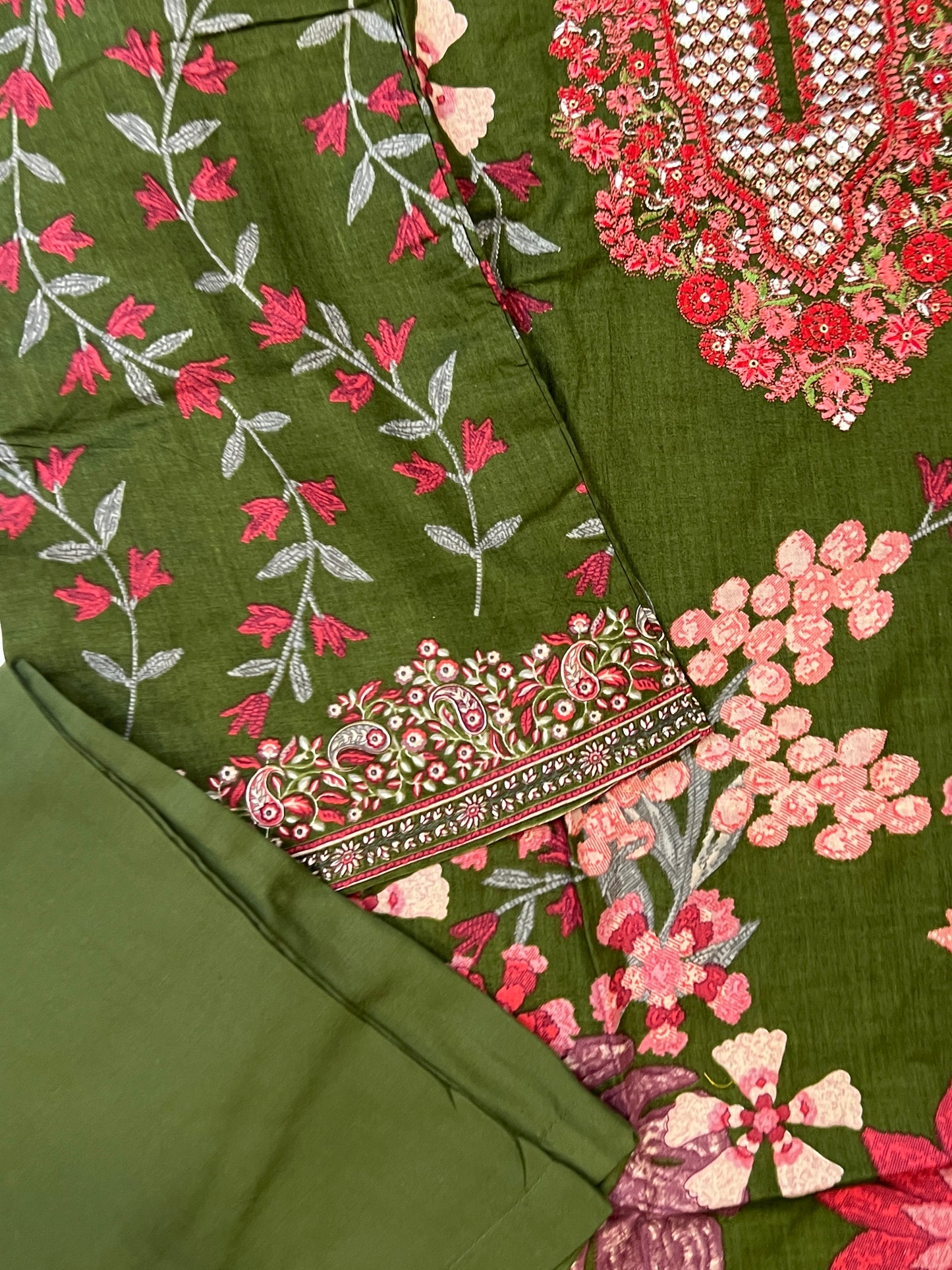 CASMERE MEHENDI COTTON EMBROIDERY READYMADE SUIT 3 Q