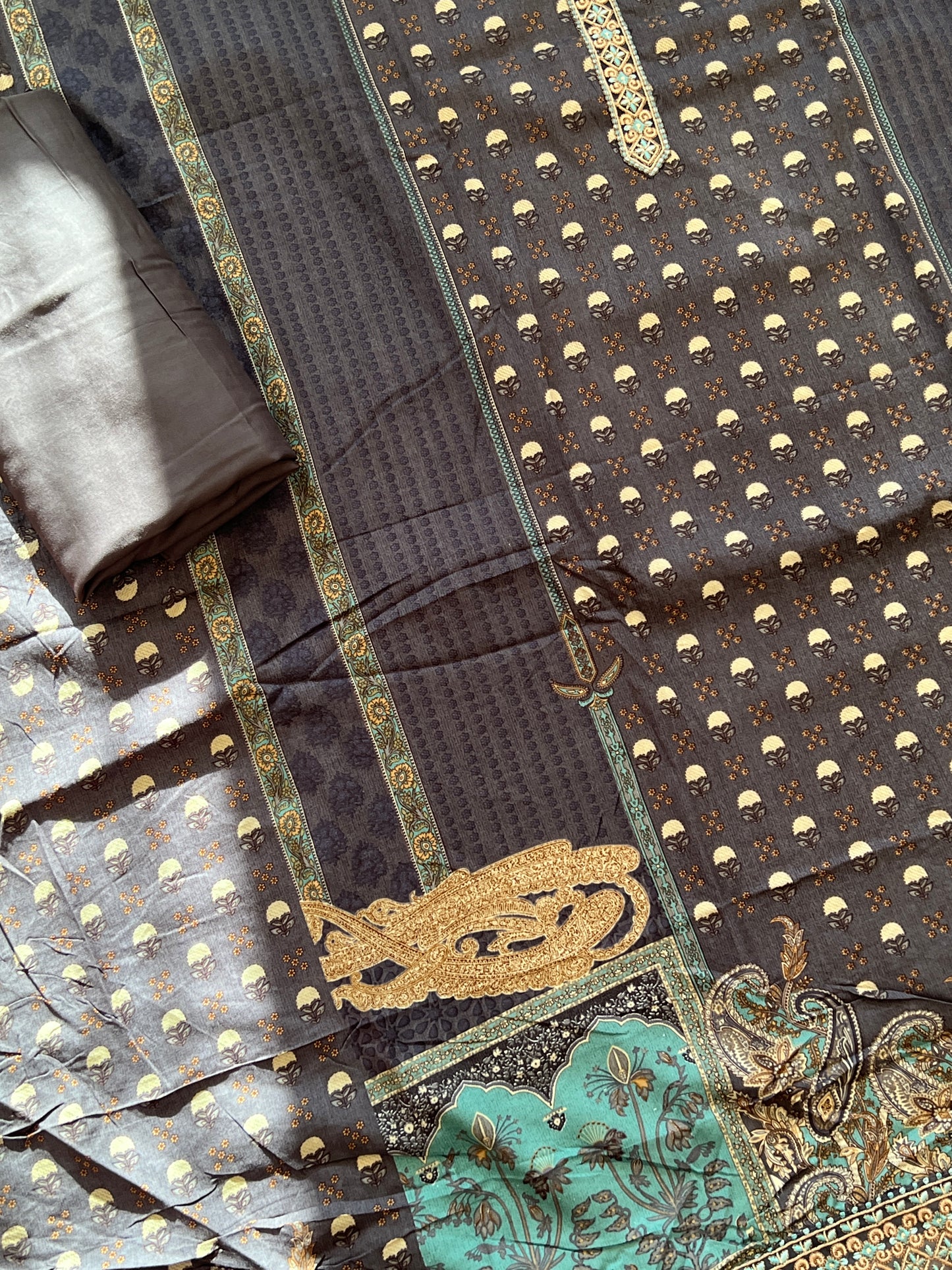 GREY PAISLEY PURE COTTON EMBROIDERY SUIT