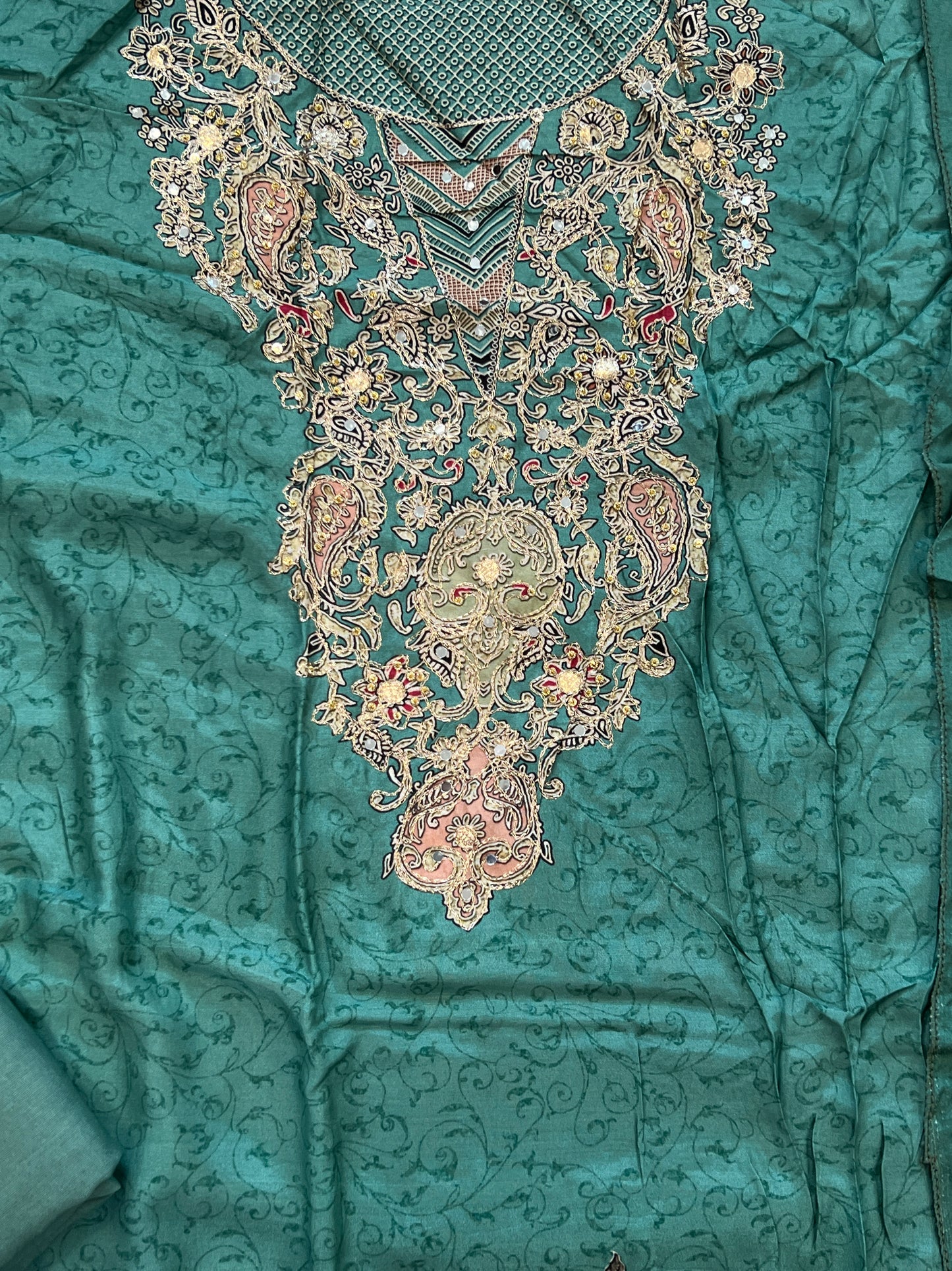 SEA GREEN MUSLIN HAND WORK EMBROIDERY SUIT 150