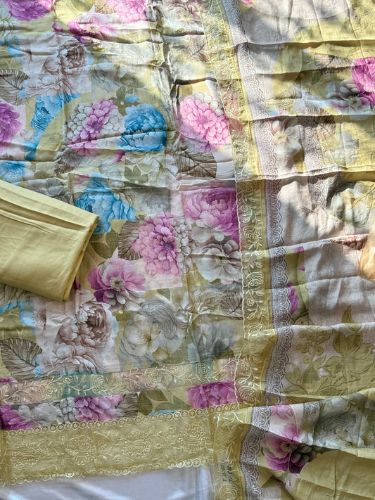 SHAHEEN LIME GREEN PURE MUSLIN SUIT 2 Q