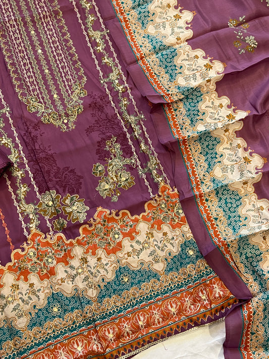 PURPLE MUSLIN EMBROIDERY SUIT 9006