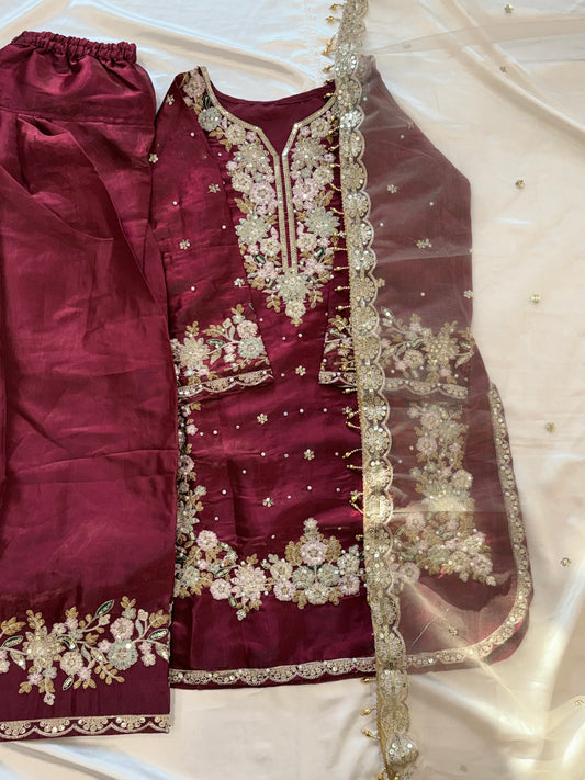 JIMMY CHOO  MAROON READYMADE EMBROIDERY SUIT 2 Q