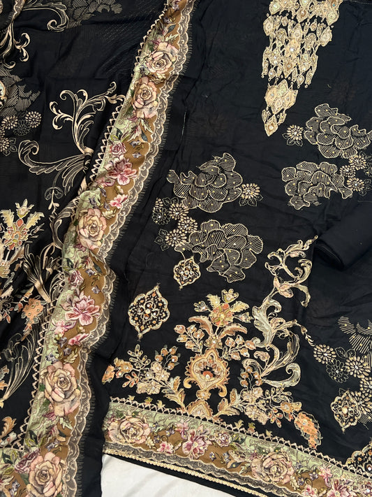 BLACK PURE MUSLIN EMBROIDERY SUIT 301