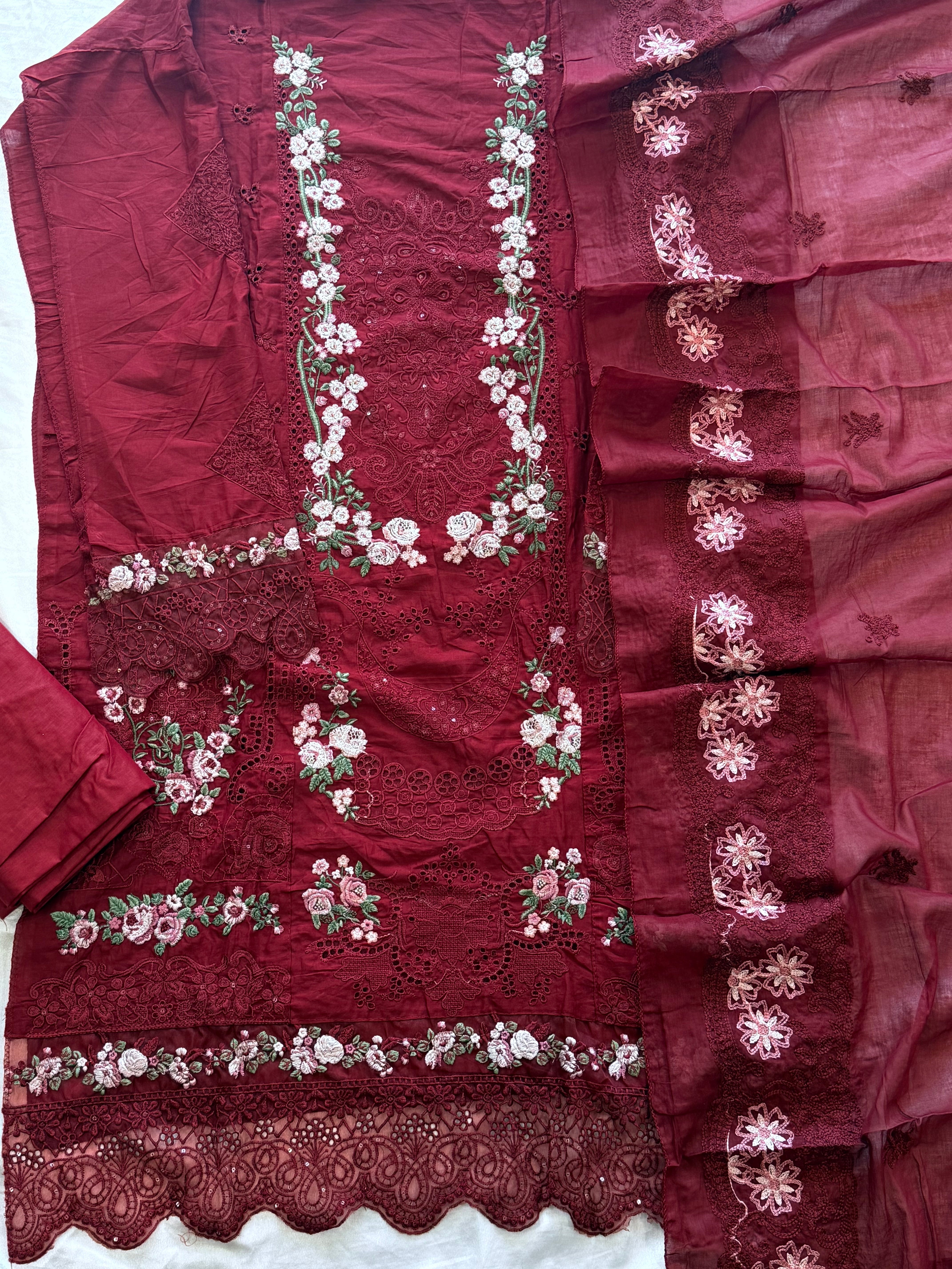YUMNA MAROON COTTON  EMBROIDERY SUIT Q
